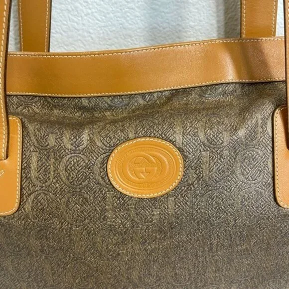 Gucci Vintage Trapezoid Canvas Logo Monogram Tan Gold Leather Tote Bag - Picture 4 of 15